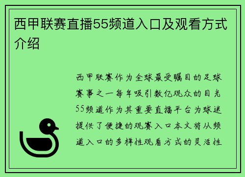 西甲联赛直播55频道入口及观看方式介绍